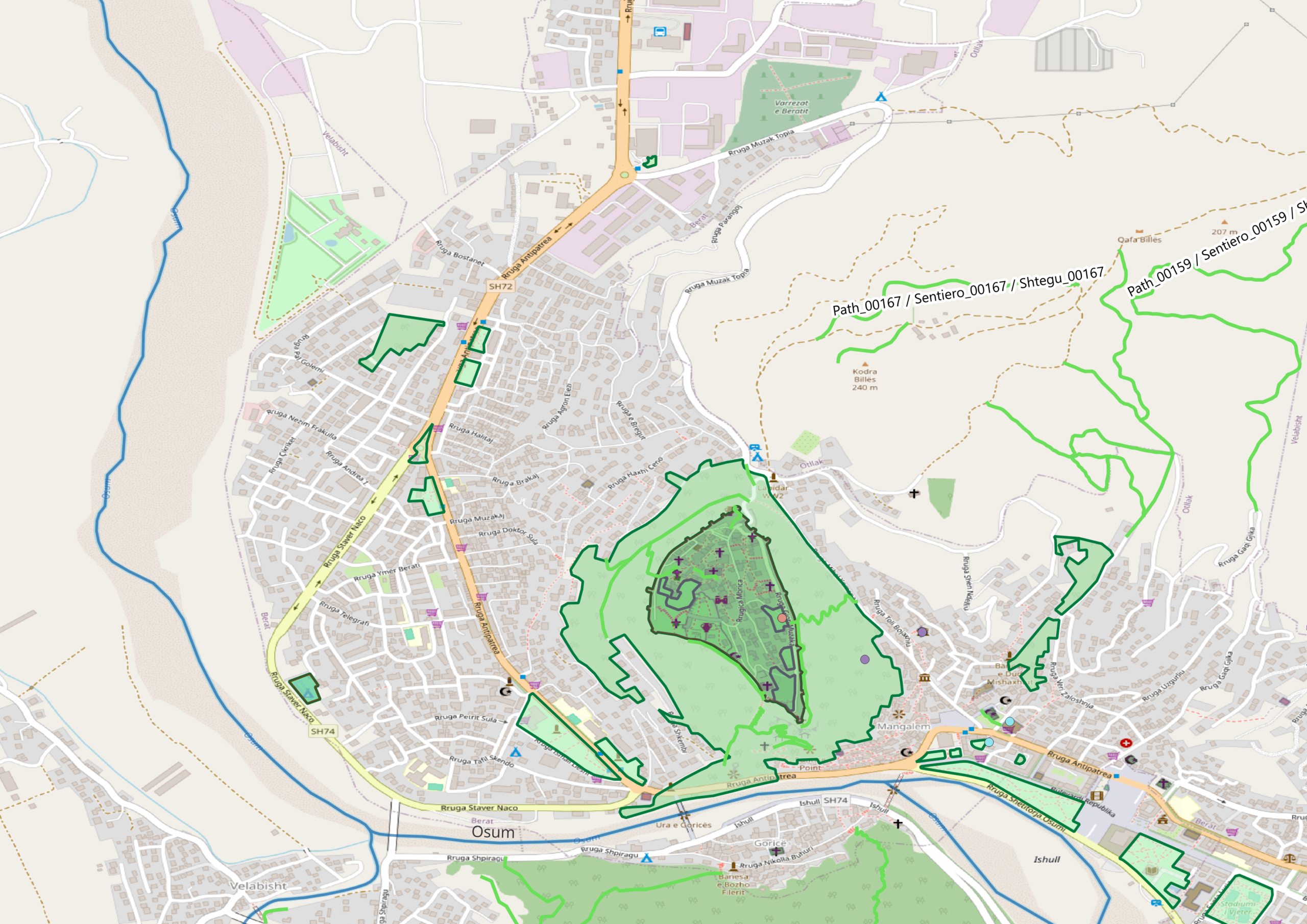 Map of Berat, Albania showing territorial layers of the DIVA platform, including cultural sites, urban areas, and spatial boundaries around Berat Castle."