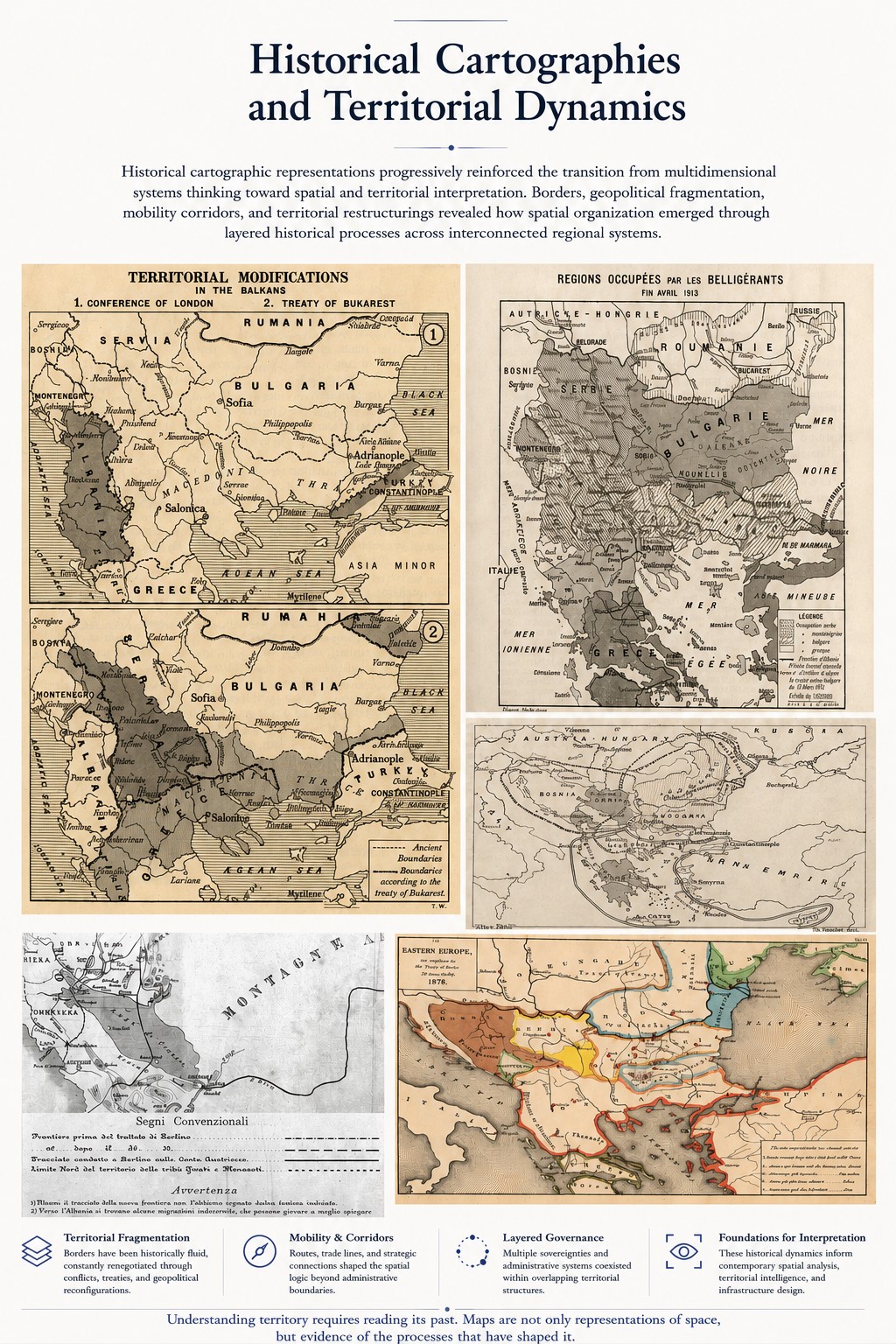 Historical Balkan cartographic collage illustrating territorial fragmentation, border transformations, geopolitical restructuring, and evolving regional spatial systems across Southeastern Europe.