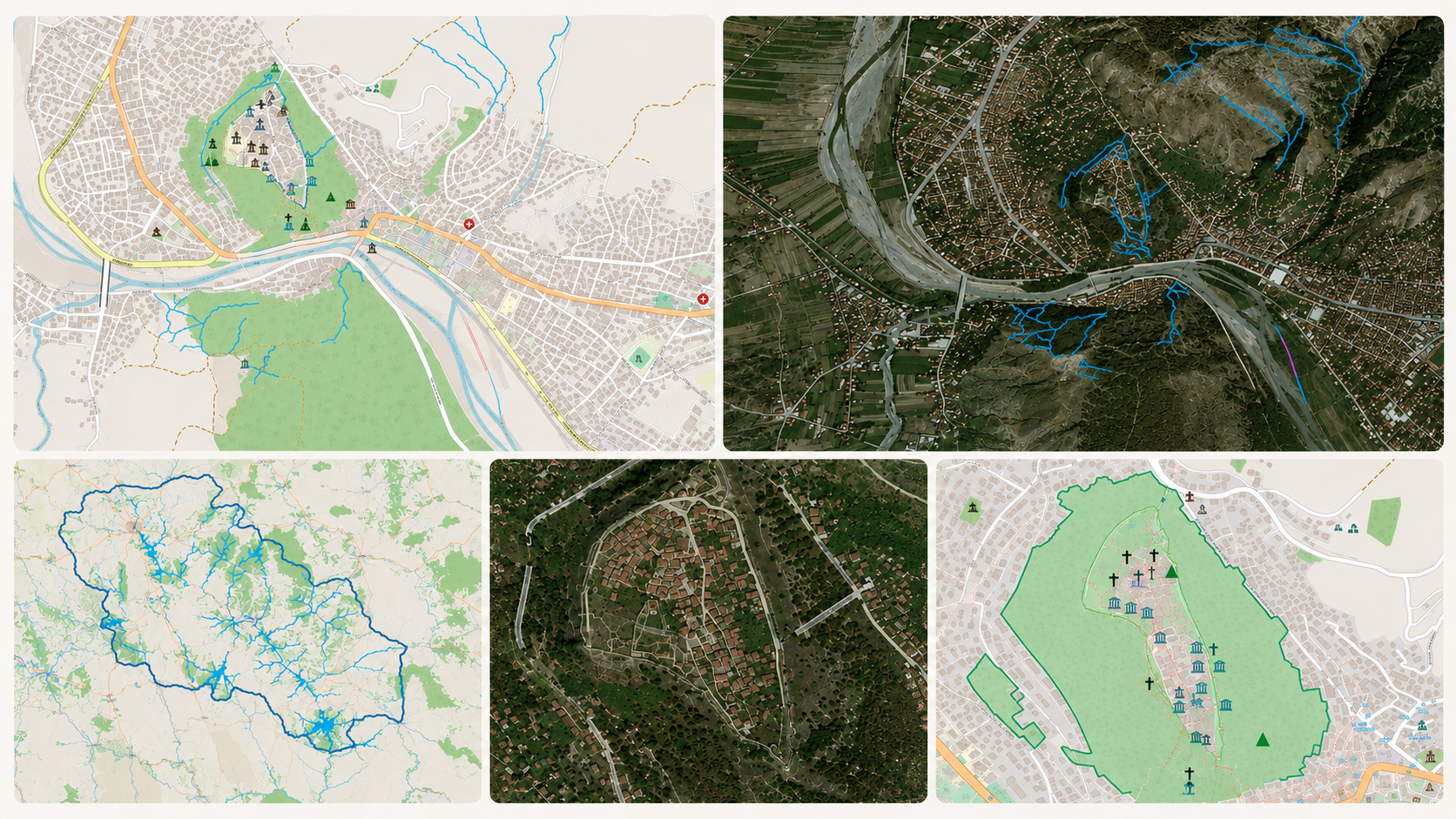 Operational territorial intelligence infrastructure integrating GIS layers, satellite imagery, hydrological networks, cultural heritage assets, and spatial analysis for the Berat region through multi-scale territorial mapping.